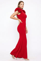 Techno Crepe Ruffle Detail Maxi Dress