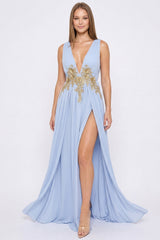 Plunging V-Neck Lace On Waist Maxi Dress