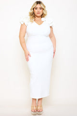Plus Size Night Out Symphony Dress - Ruffle Detail Shoulder Plus Size Night Out Midi Dress