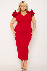 Plus Size Night Out Symphony Dress - Ruffle Detail Shoulder Plus Size Night Out Midi Dress