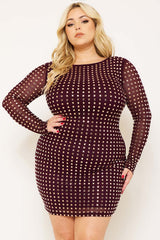 Symphony Dress - Square Rhinestone Long Sleeve Plus Size Night Out Mini Dress