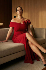 Symphony Dress - Flower Corsage On One Side Off The Shoulder Plus Size Maxi Dress