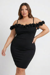 Symphony Plus Size Night Out Dress - Off The Shoulder Floral Appliques Plus Size Mini Dress