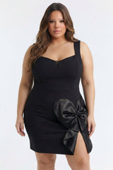 Plus Size Night Out Dress - Satin Bow Detail Fabric Contrast Plus Size Mini Dress