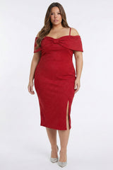 Plus Size Night Out Dress - Bow Front Off The Shoulder Plus Size Midi Dress