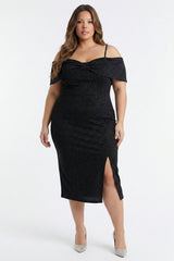 Plus Size Night Out Dress - Bow Front Off The Shoulder Plus Size Midi Dress