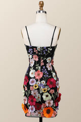 Black Floral Embroidery Tight Mini Dress with Straps