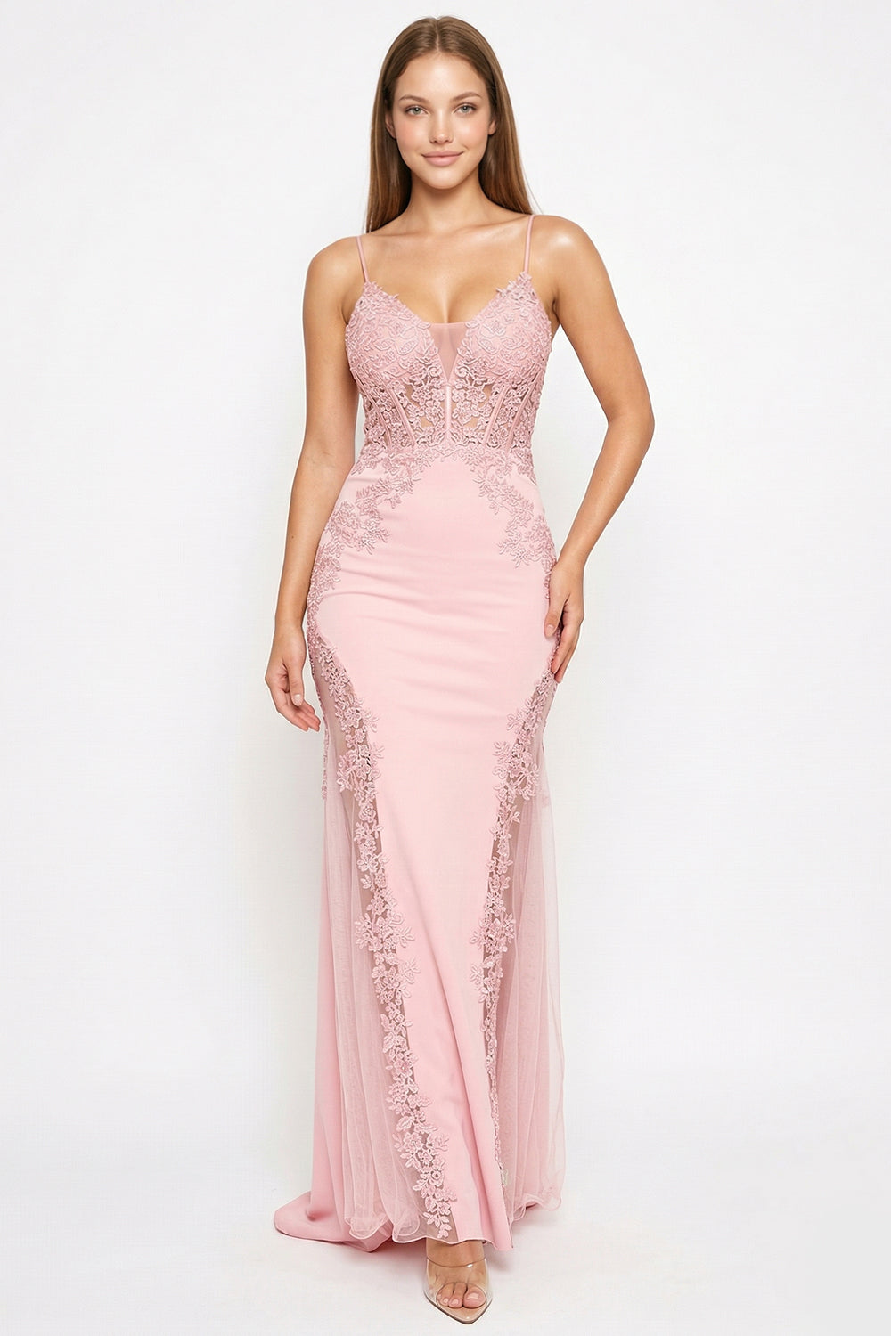 Symphony Dress - Flower Appliques On Mesh Trumpet/Mermaid Maxi Dress