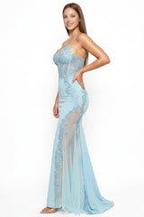 Symphony Dress - Flower Appliques On Mesh Trumpet/Mermaid Maxi Dress