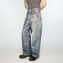 Acne Studios Men's And Women's 3DPrinted Pattern Loose Low Waisted Casual Wide Leg Solid Color Denim Pants Ngvp #8513
