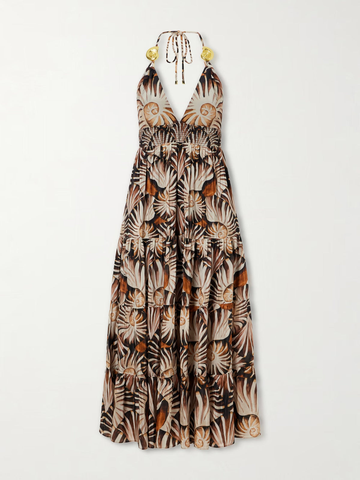 Embellished printed shirred tiered georgette halterneck midi dress