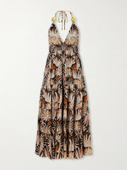 Embellished printed shirred tiered georgette halterneck midi dress