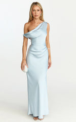 Lira Midi Dress - One Shoulder Satin Dress in Pale Blue