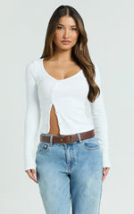 Acacia Top - Asymmetric Button Down Rib Top in White