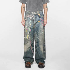 Acne Studios Men's Women's Four Seasons Chain Printed Loose Low Waist Solid Color Baggy Fit  Leg Denim Pants Ngvp #1386