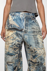 Acne Studios Men's Spring And Summer Ripped Graffiti Mise-en-scène Effect Print Denim Pants Super Loose Fit Jeans Fashion High Street Casual Blue Straight Trousers Ngvp #1186