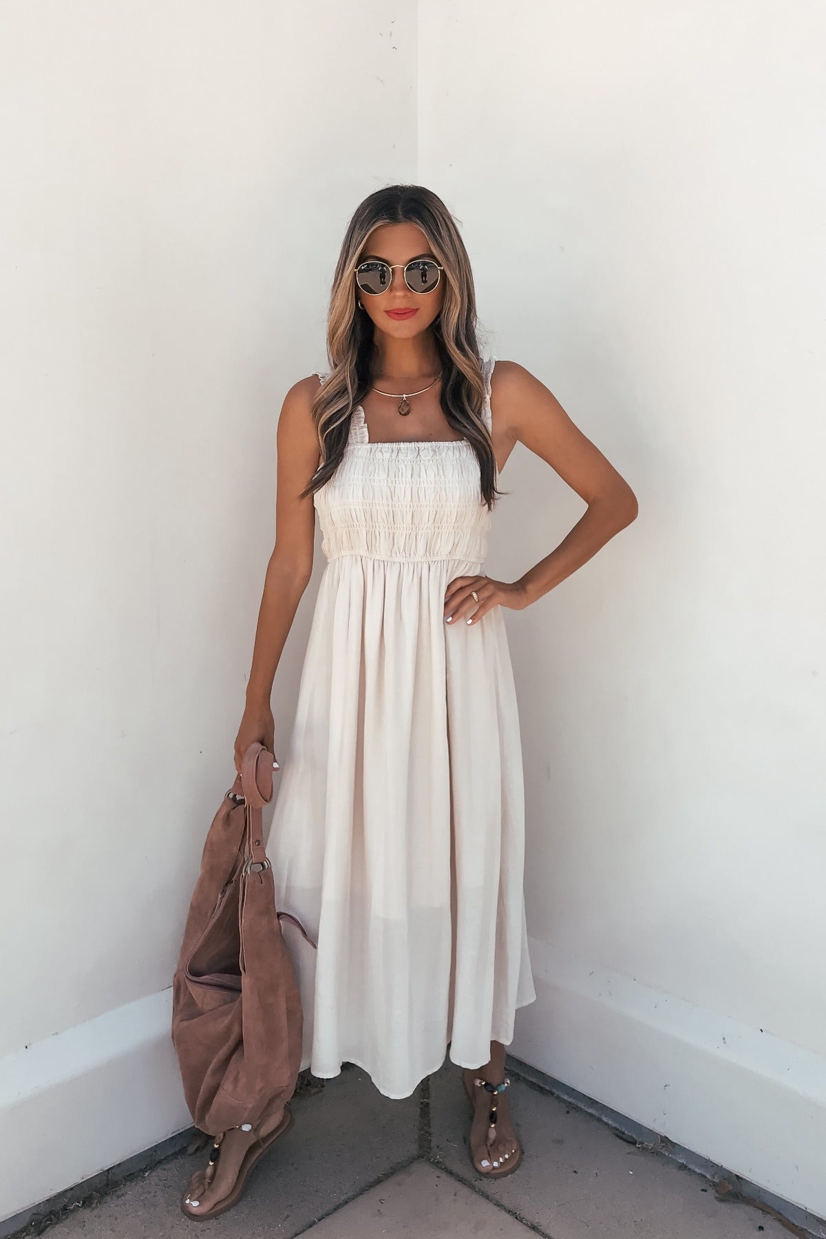 Arwen Ruffle Smocked Midi Dress - Natural-FINAL SALE