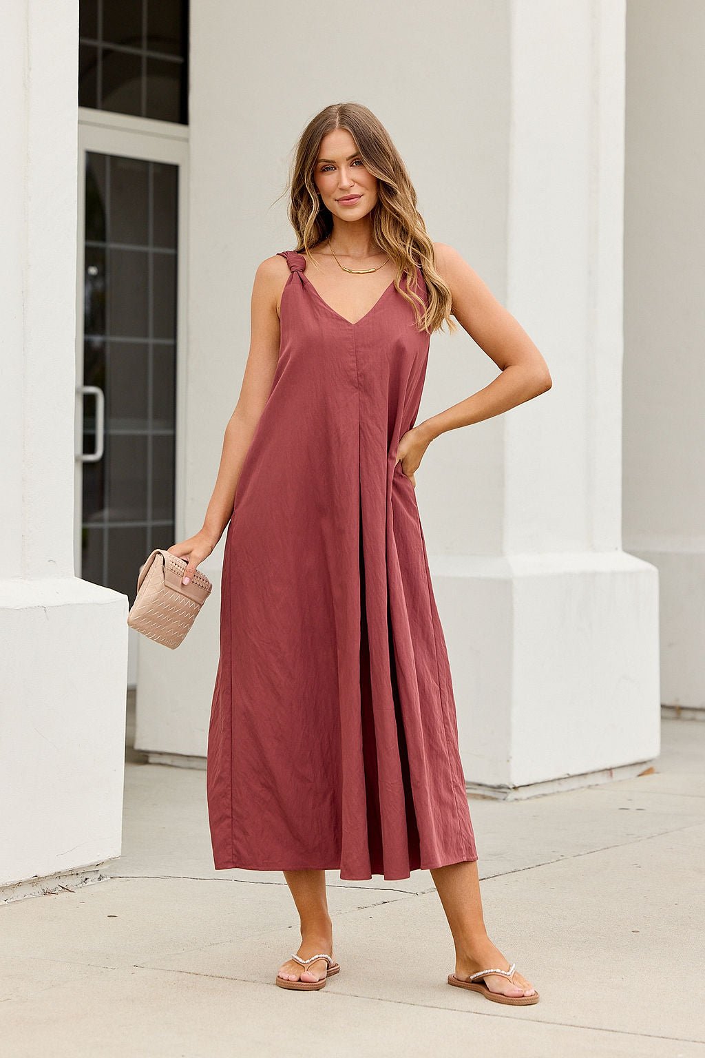 Audrey Knot Strap Midi Dress - Burgundy-FINAL SALE