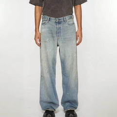 Acne Studios Men's Four Seasons Solid Color Graffiti Aged Straight Leg Loose Low Waist Wide Leg Denim Pants Ngvp #8745