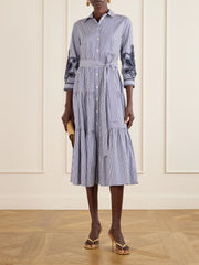 Belted tiered embroidered striped cotton-poplin midi dress