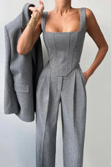 Women's Three-Piece Trouser Suit – Double-Breasted Blazer. Corset Top. Wide-Leg