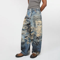 Acne Studios Men's Spring And Summer Ripped Graffiti Mise-en-scène Effect Print Denim Pants Super Loose Fit Jeans Fashion High Street Casual Blue Straight Trousers Ngvp #1186