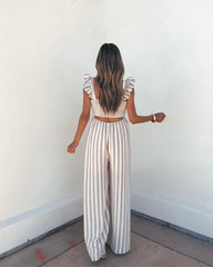 Beige Striped Wide Leg Jumpsuit
