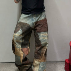 Acne Studios Men's Four Seasons Vintage Mud Dye Spliced Printed Loose Cotton Mid Waist Wide Leg Denim Pants Ngvp #8369