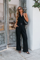 Black Belted Halter Linen Jumpsuit - FINAL SALE