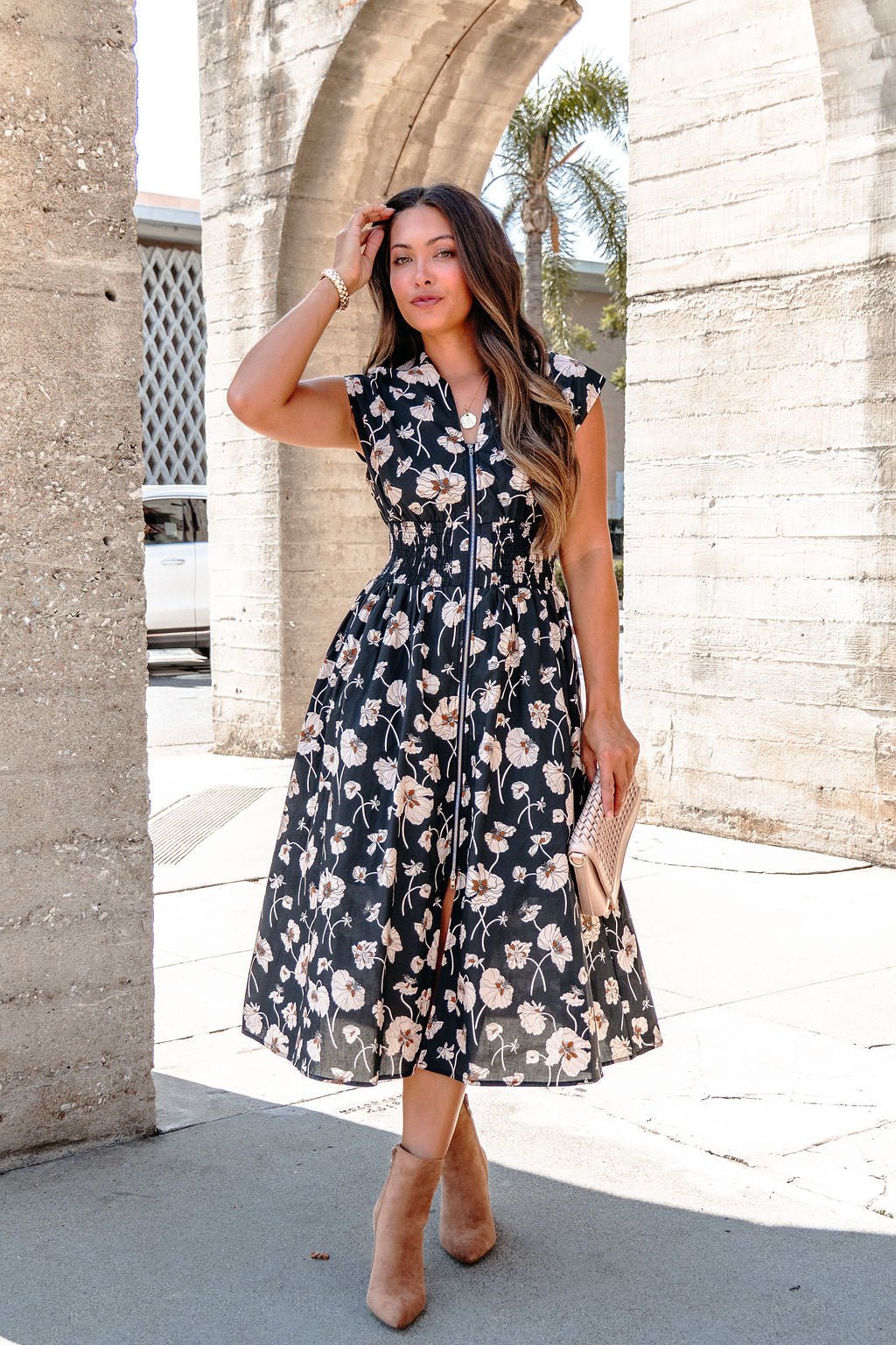 Black Floral Print Smock Zip Midi Dress