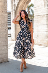 Black Floral Print Smock Zip Midi Dress