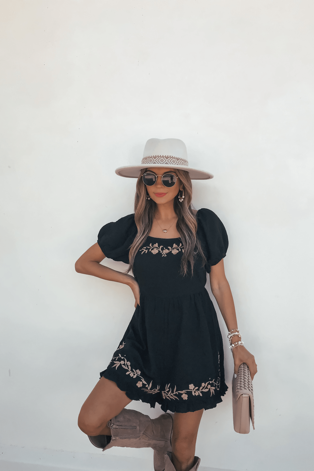 Black Puff Sleeve Embroidered Romper