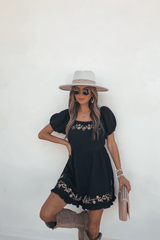 Black Puff Sleeve Embroidered Romper
