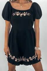 Black Puff Sleeve Embroidered Romper