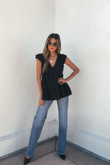 Black Ruffle Sleeve Textured Top- FINAL SALE