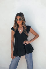 Black Ruffle Sleeve Textured Top- FINAL SALE
