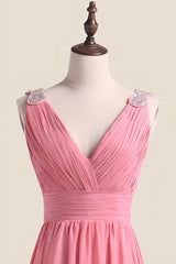 Blush Chiffon Pleated V Neck Long Bridesmaid Dress