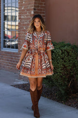 Botanical Rust Print Belted Mini Dress