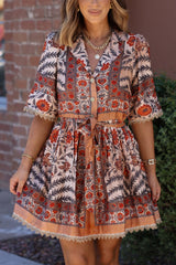 Botanical Rust Print Belted Mini Dress