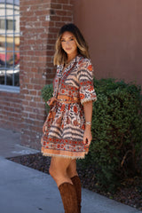 Botanical Rust Print Belted Mini Dress