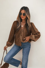 Brown Eyelet Tie Front Top