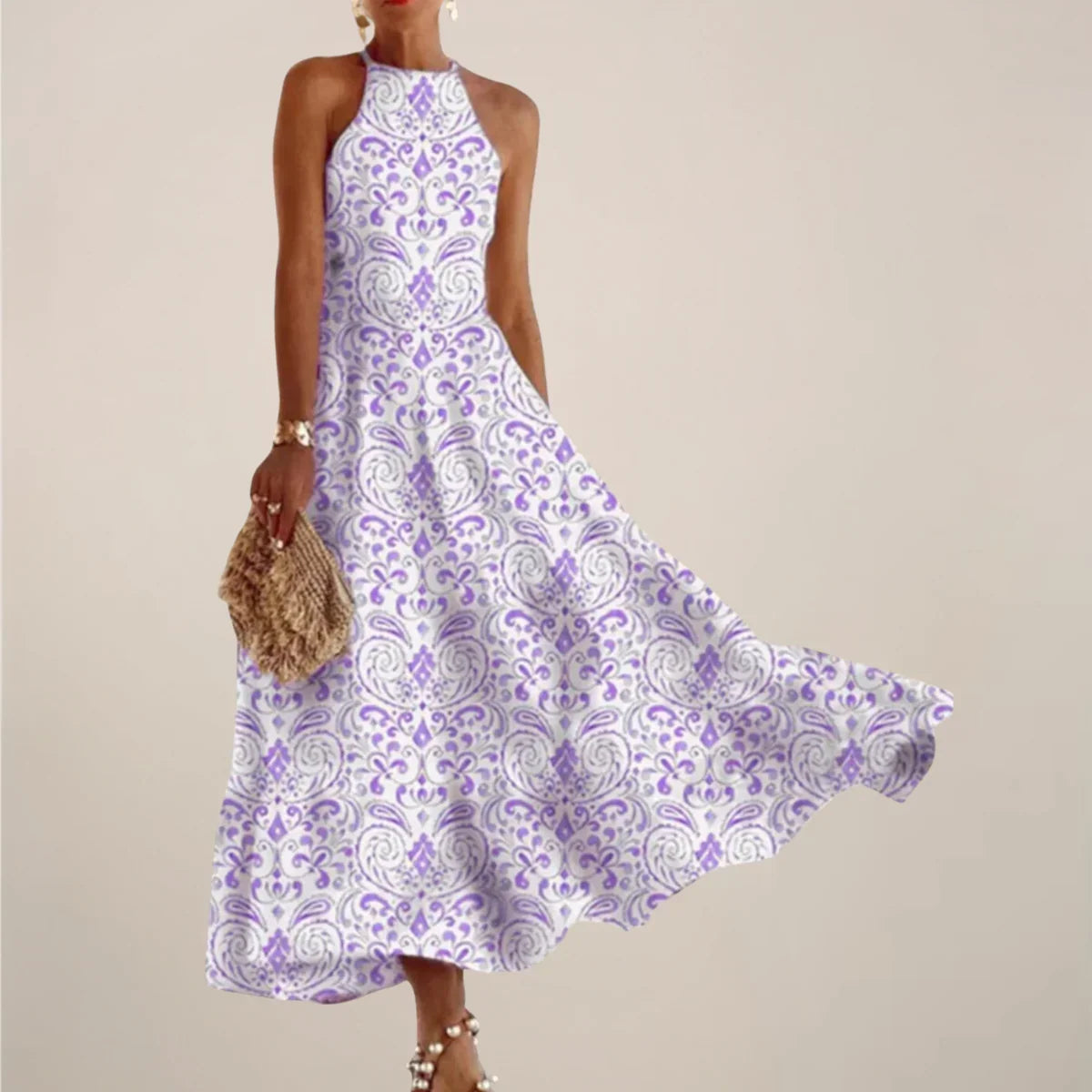 Women's Printed Halter Neck Maxi Dress – A-Line Flowy Summer Dress