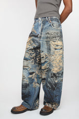 Acne Studios Men's Four Seasons Printed Hole Torn Solid Color Super Baggy Straight Fit Jeans Ngvp #1413