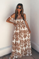Calista Print Off The Shoulder Maxi Dress - Taupe - FINAL SALE