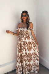 Calista Print Off The Shoulder Maxi Dress - Taupe - FINAL SALE