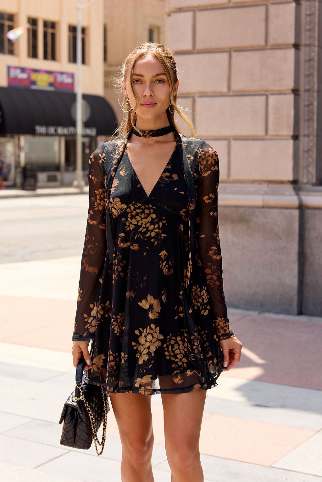 Camellia Floral Mesh Mini Dress - Black
