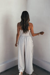 Coastal Striped Wide Leg Jumpsuit - Taupe