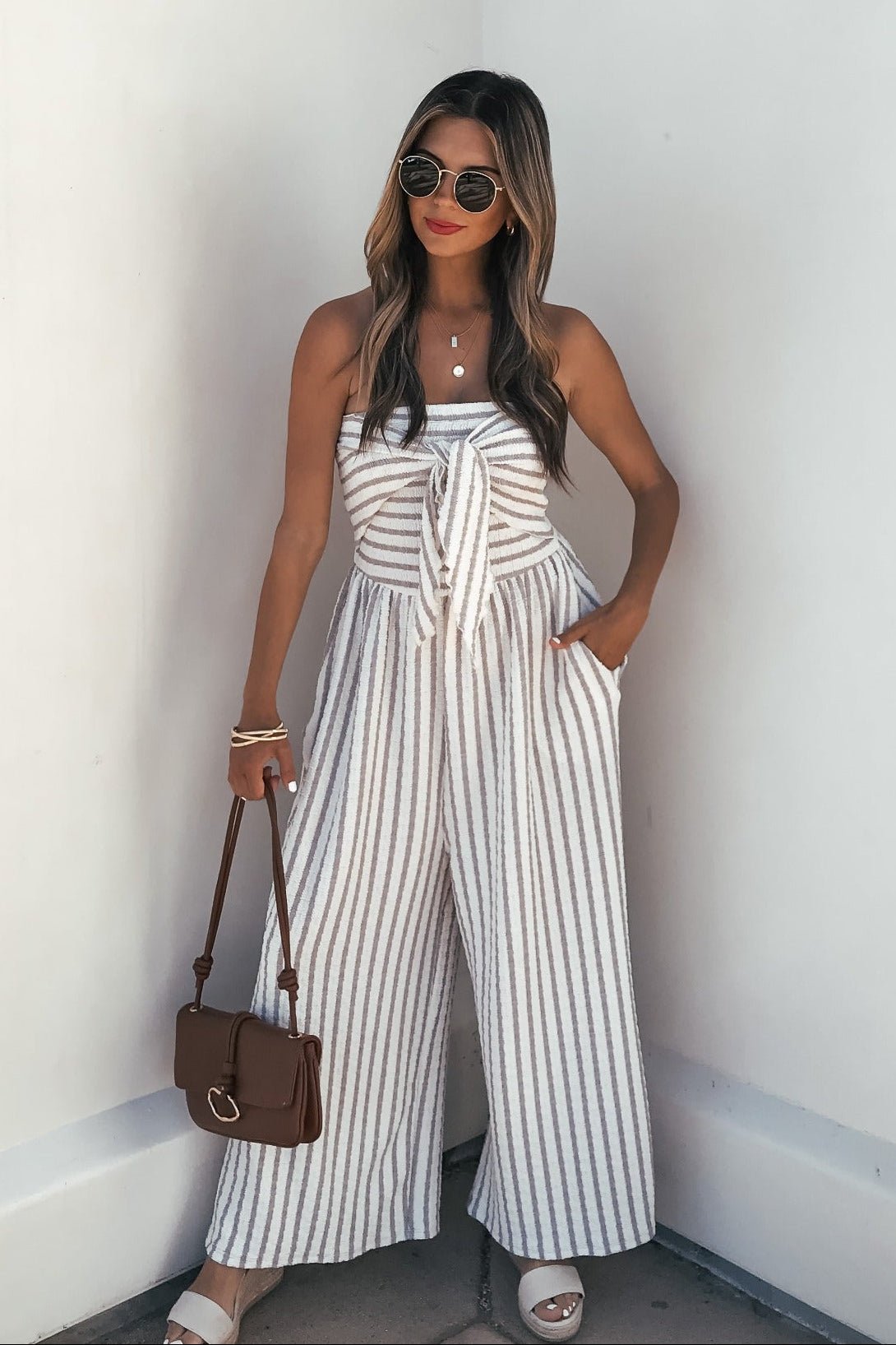 Coastal Striped Wide Leg Jumpsuit - Taupe