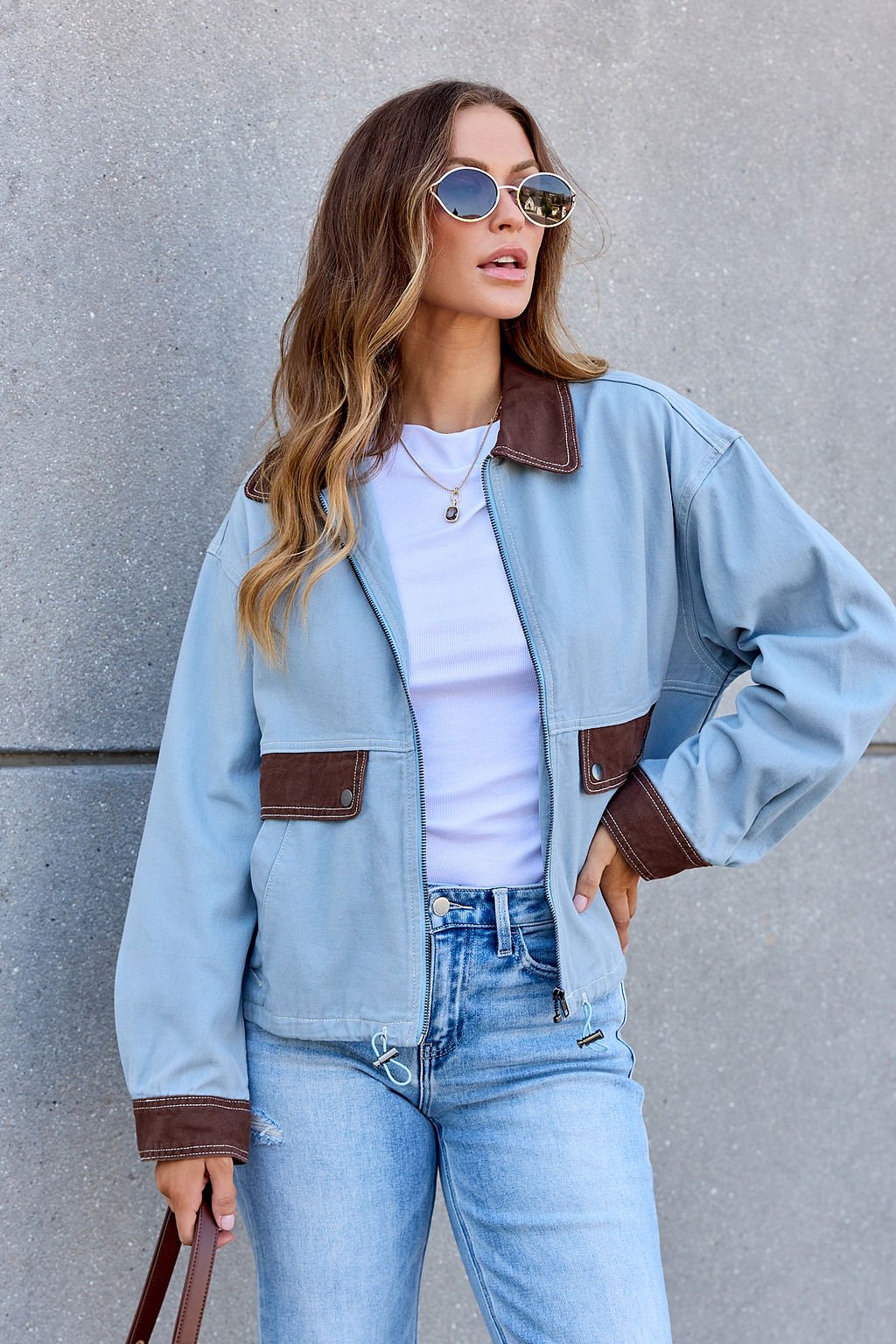 Contrast Trim Jacket - Dusty Blue