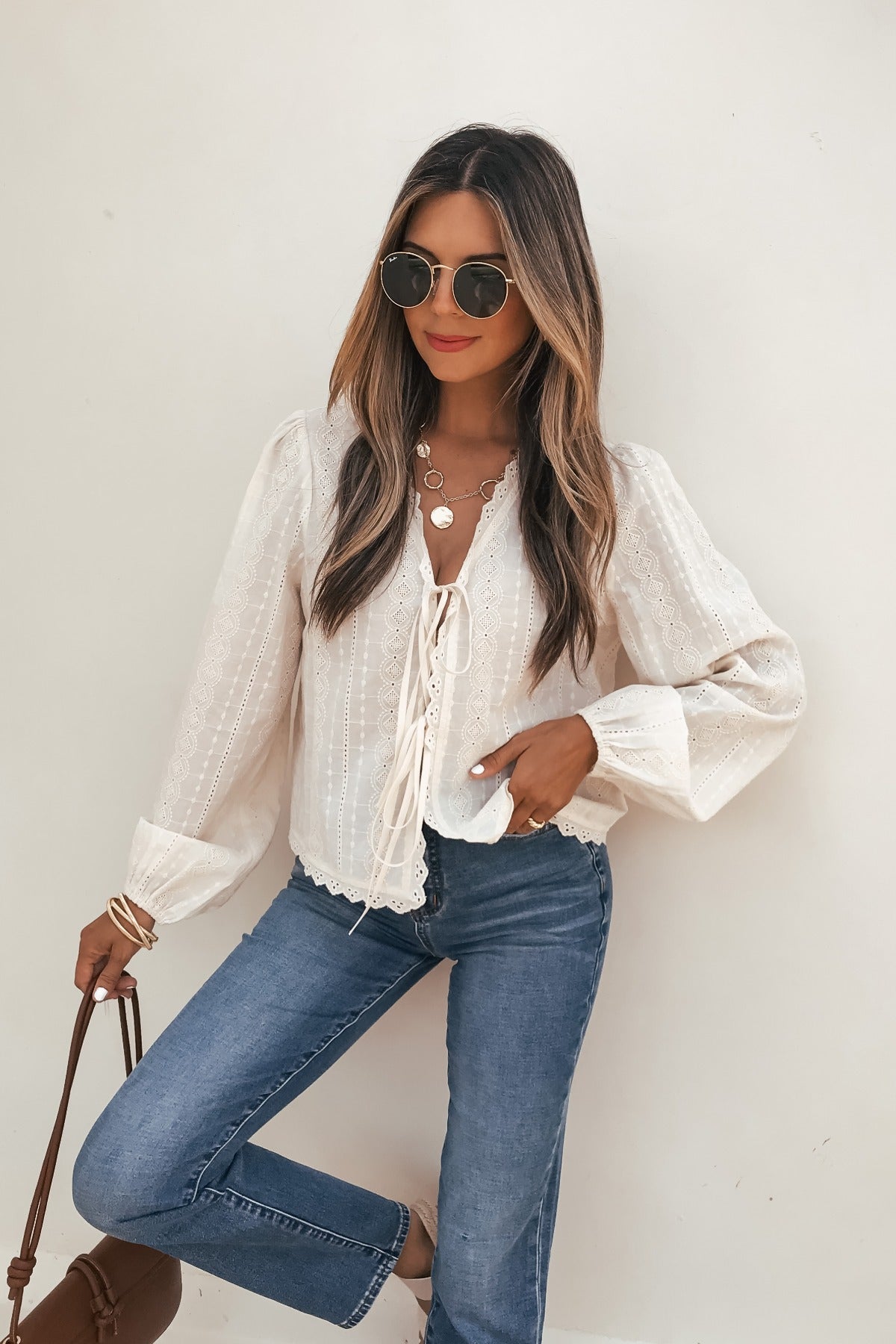 Cream Eyelet Tie Front Top